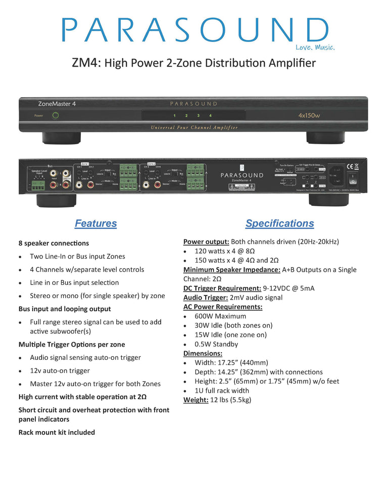 ZM4 4-Channel Amp – Compact Multi-Zone Power & Flexibility – Parasound